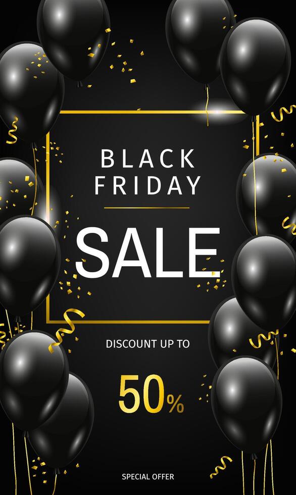 Black Friday Sale flyer design template with glossy black balloons and golden confetti vector