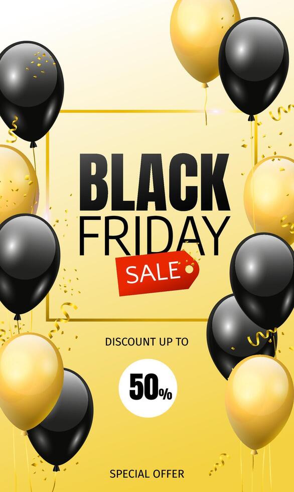 Black Friday sale creative flyer design. Black and golden glossy balloons with confetti and text on a yellow background vector