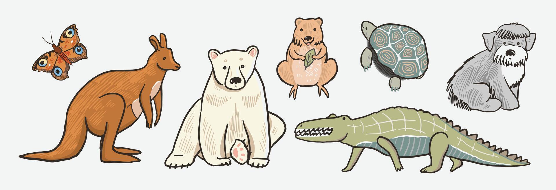 set of hand drawn doodle cartoon animals. vector