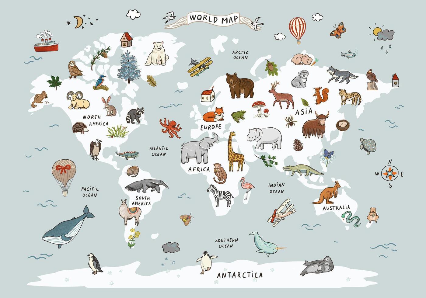 Animals on the world map. illustration in cartoon style. vector