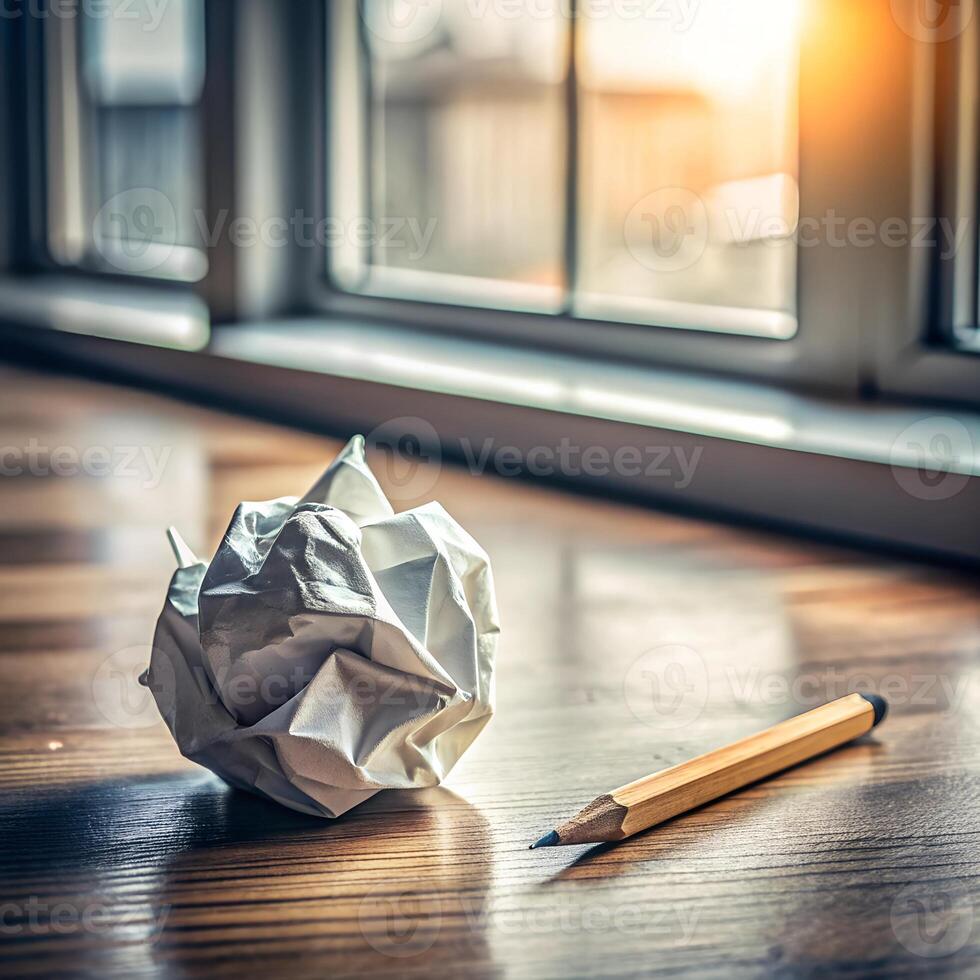Crumpled paper and pencil by window in sunlight photo