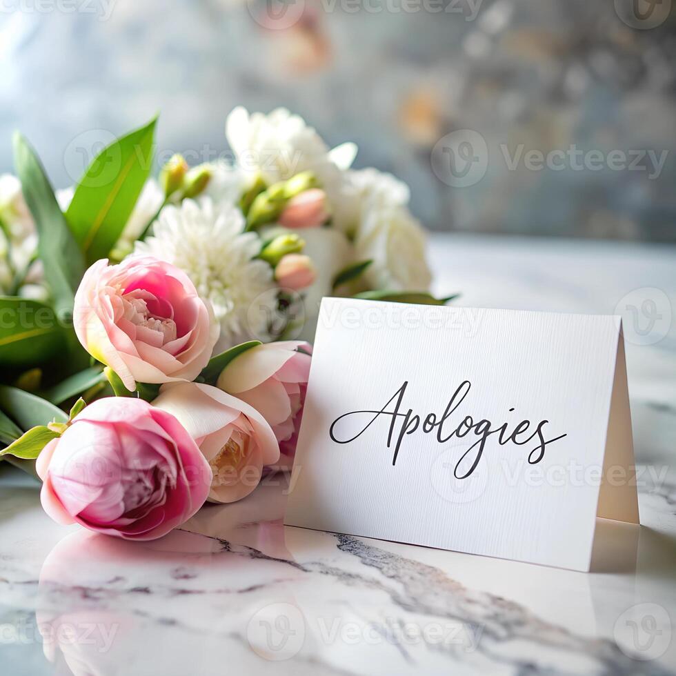 Apology card with pink flowers on marble table photo