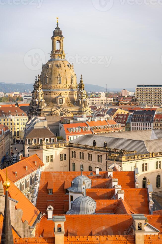 Aerial view of fed roofs and dome in historic centre of Dresden, Germany, Europe photo
