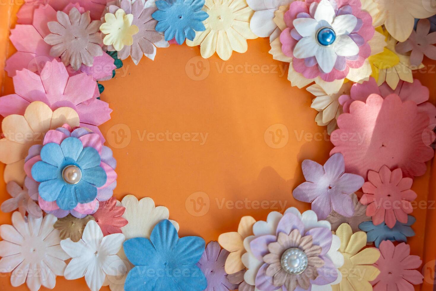 Small, colorful paper flowers for creativity of 3D flowers. Child development toy. Copy space for text. High quality photo