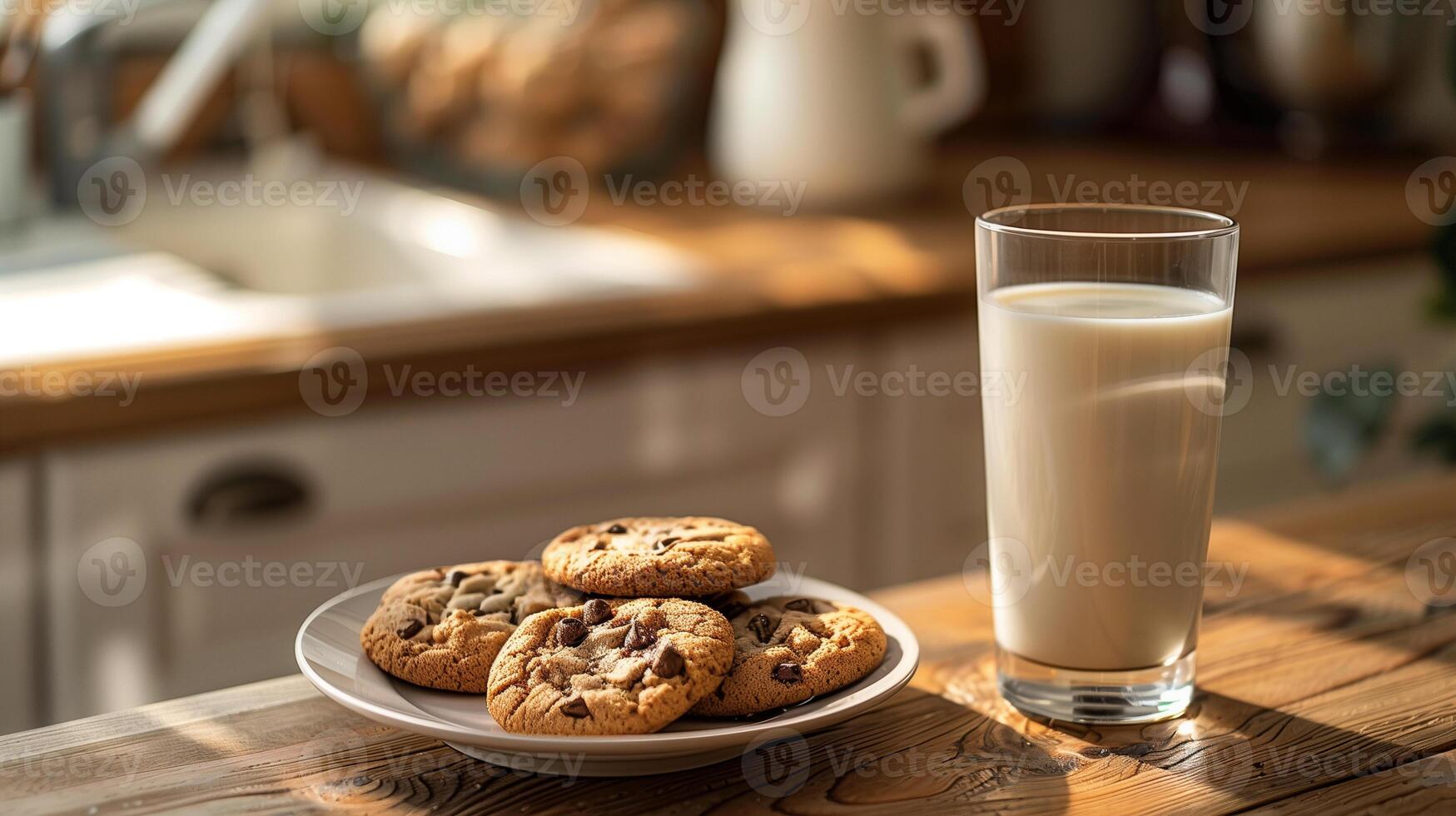 glass of milk placed with freshly baked cookies on side. cozy and warm vibes, evoking a sense of home comfort photo