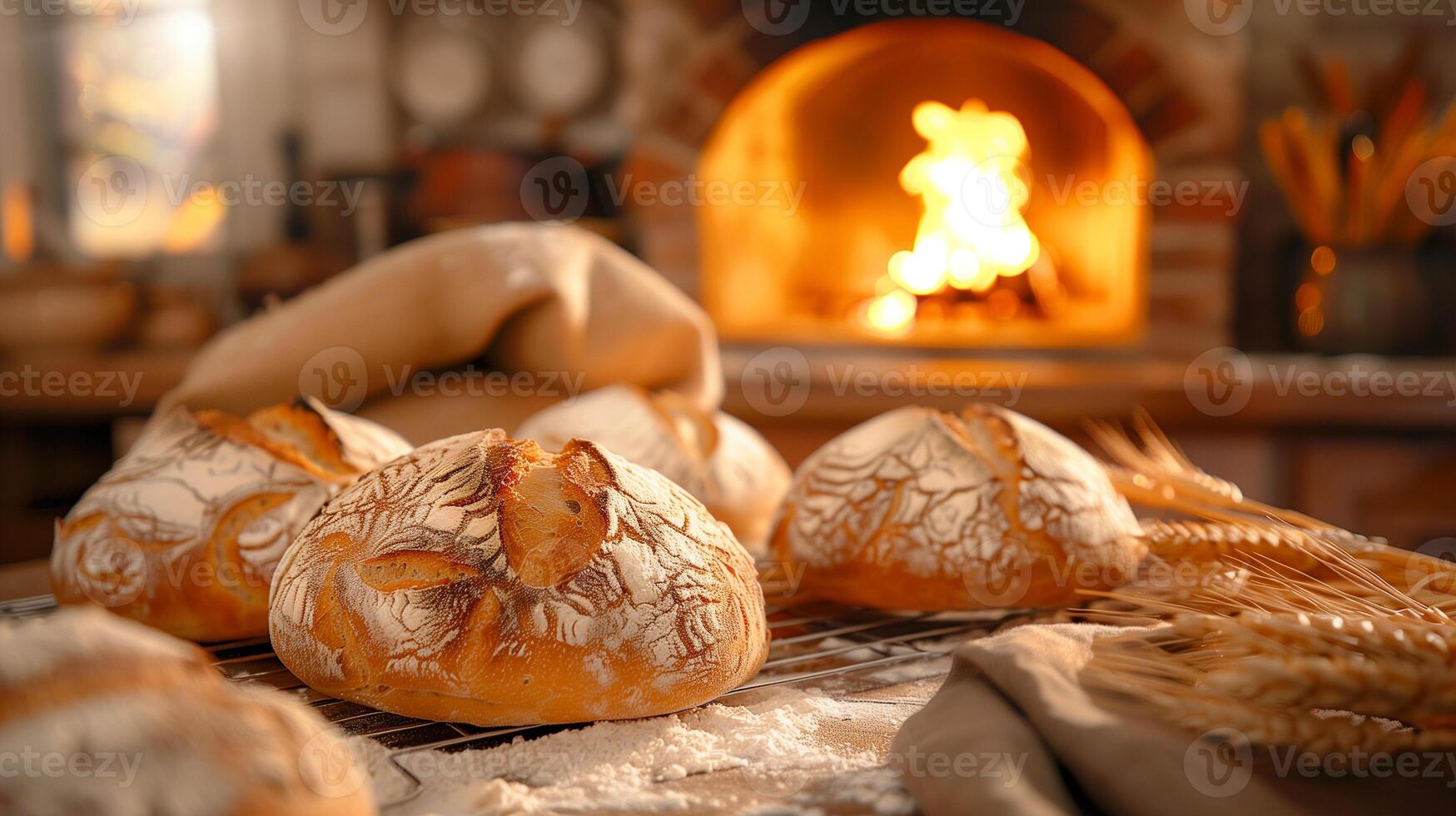 freshly baked loaves of artisanal bread on cooling rack. An oven, sack of flour and wheat stalks are seen in the background photo