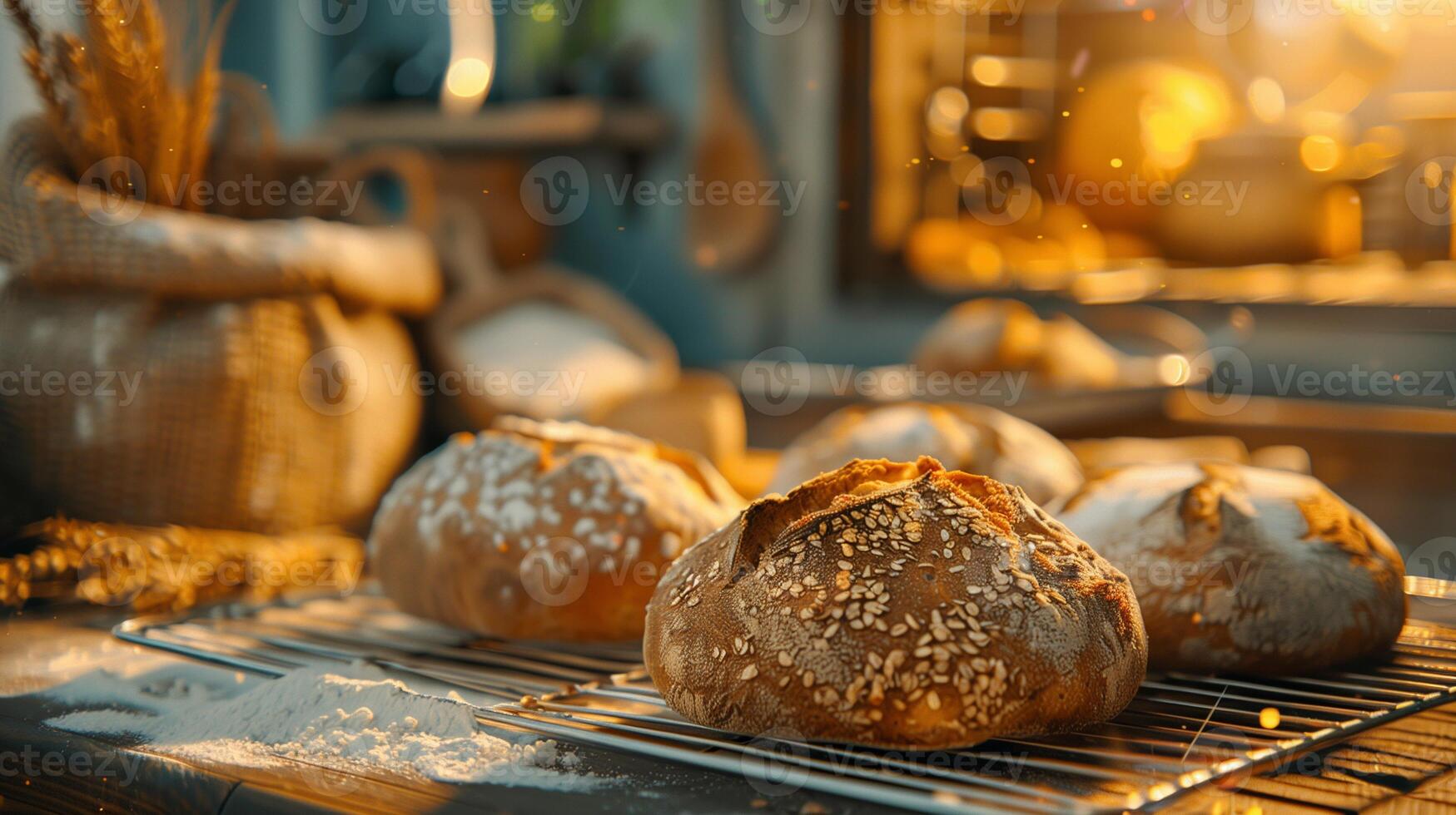 freshly baked loaves of bread, with sack of flour and wheat stalks are seen in the background photo