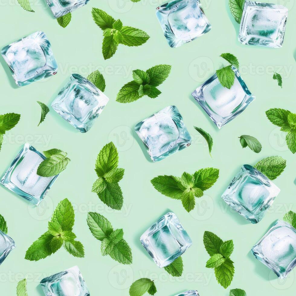 Ice cubes and mint leaves form a seamless pattern on green photo