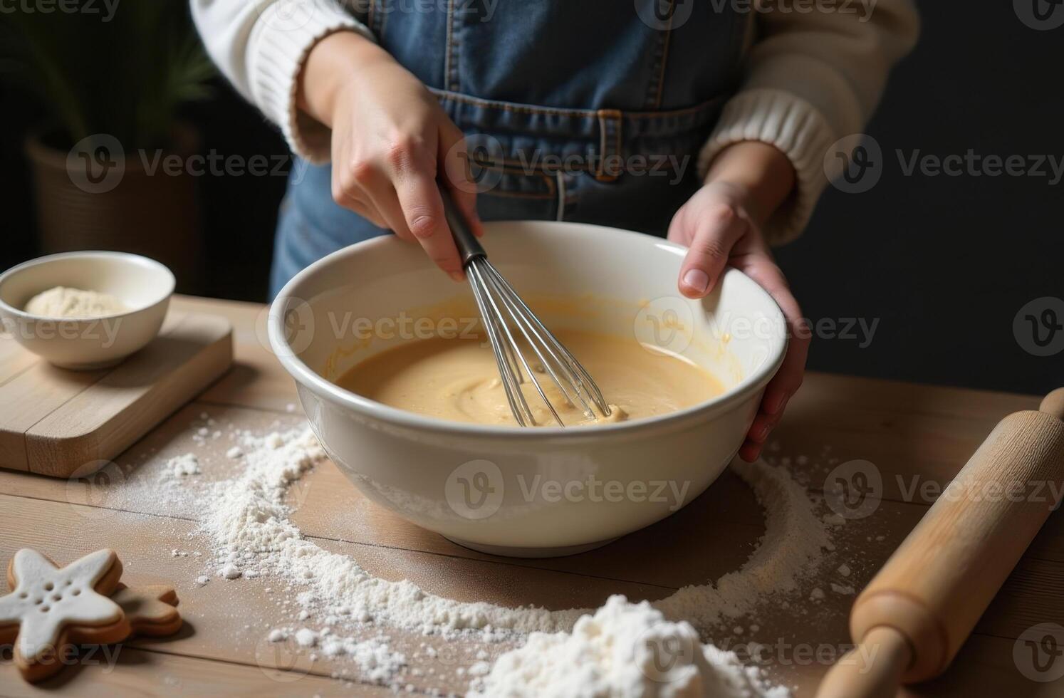 Woman whisking cookie dough in a bowl surrounded by flour and kitchen tools photo