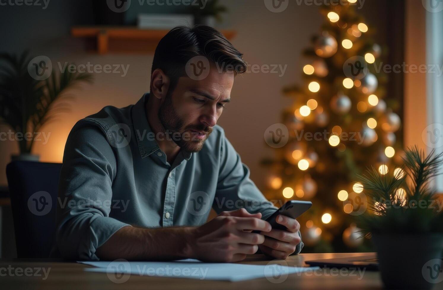 Man writing notes while sitting at a desk near a Christmas tree with lights photo