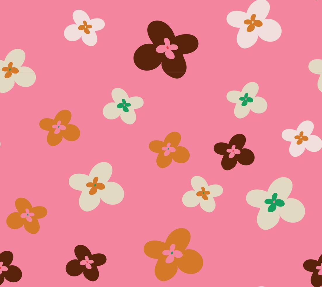 Seamless pattern with funky retro flowers on bright pink background. vector