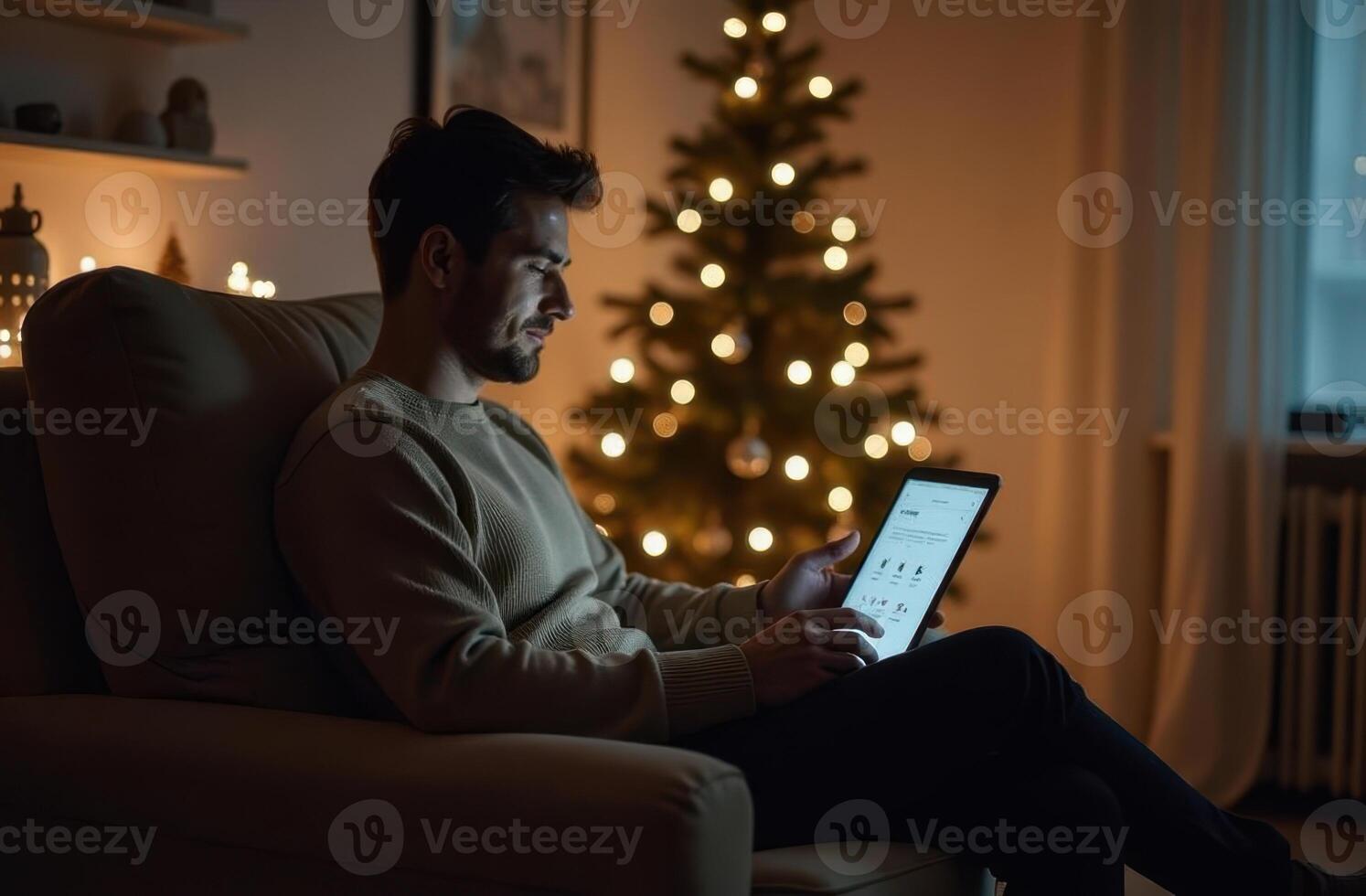 Man using a tablet while sitting in a cozy chair near a Christmas tree photo