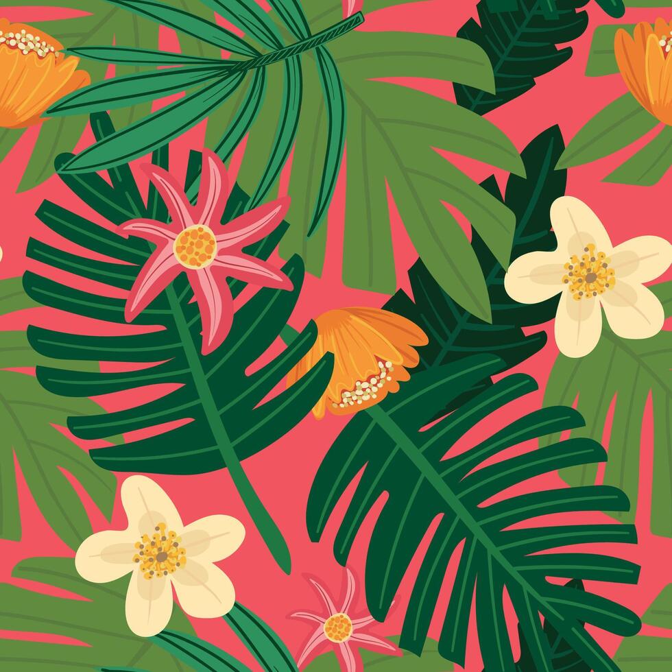 Seamless pattern with hand-drawn tropical plants in bright colors vector