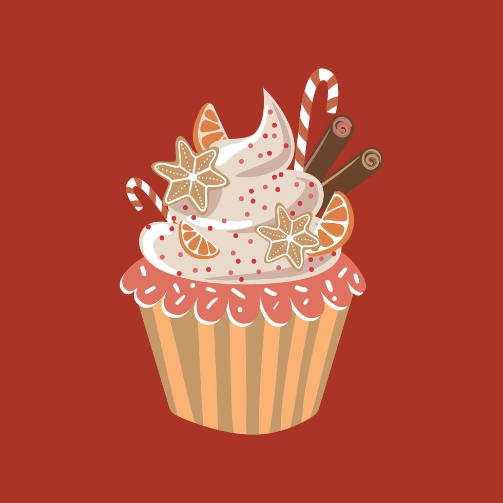 Illustration of a Christmas muffin adorned with orange, cinnamon, gingerbread, and candy canes. vector