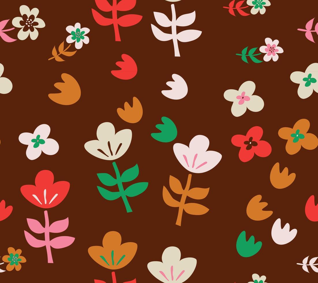 Seamless pattern with funky retro flowers on brown background. vector