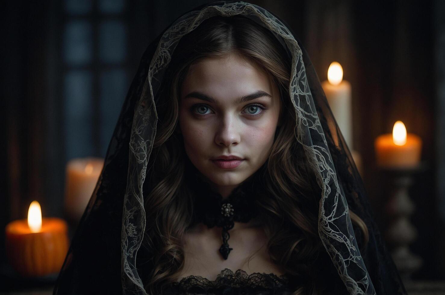 A Young woman in gothic-style Halloween costume, surrounded by pumpkins and candles, evoking a dark and eerie atmosphere photo