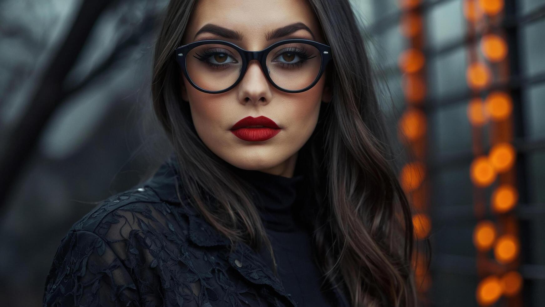 Mysterious woman in black Halloween attire with bold red lipstick and black glasses photo