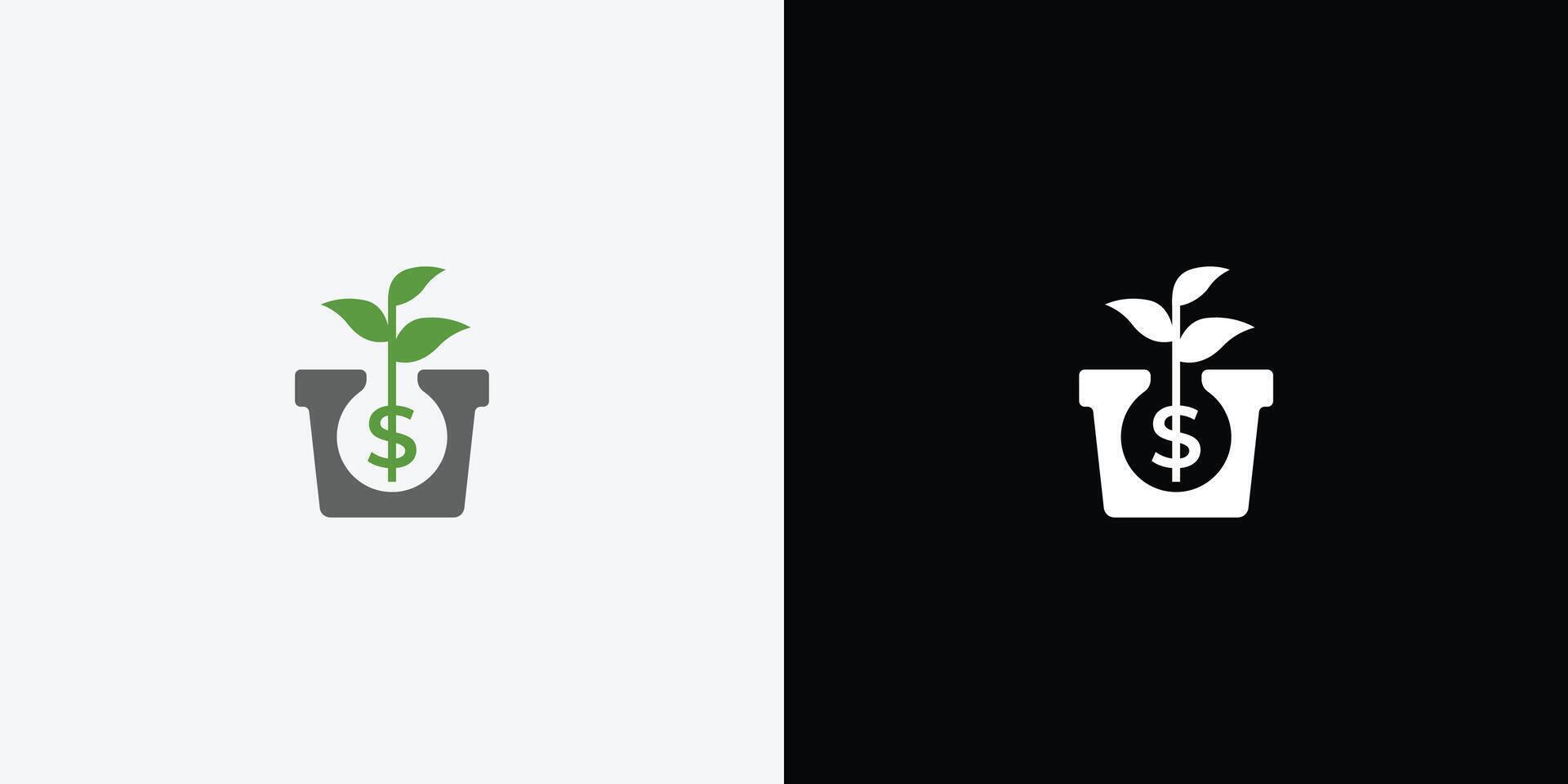 A green plant in a pot and a white and black logo vector