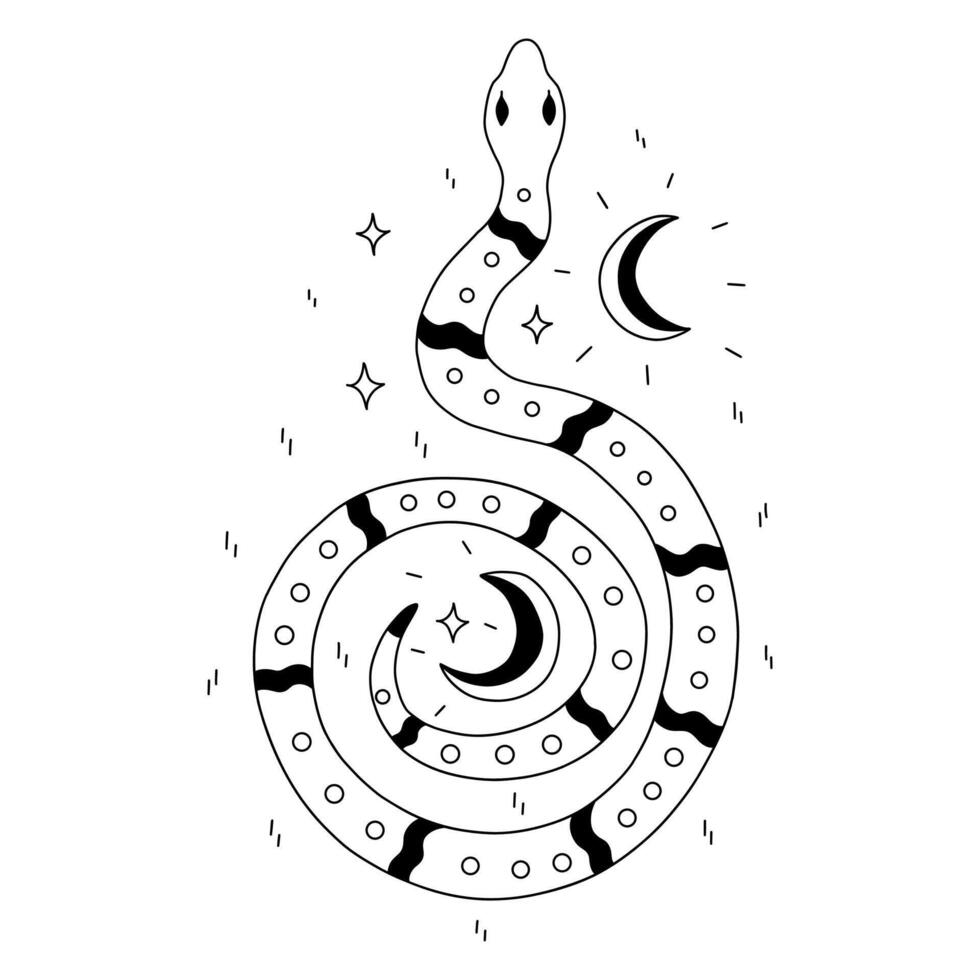Mystical snake among crescents and stars. print vector
