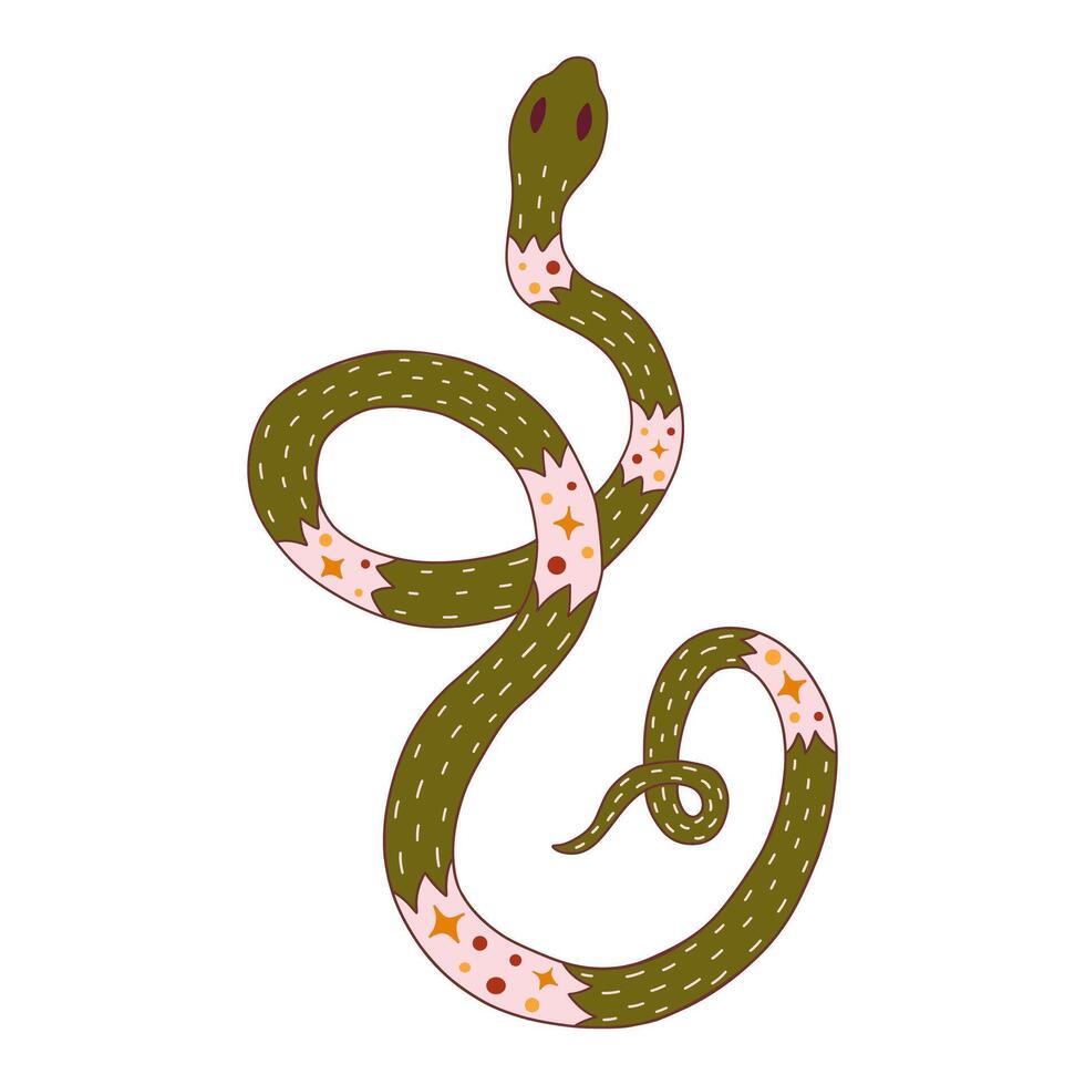 Green snake with circles and stars. hand drawn vector