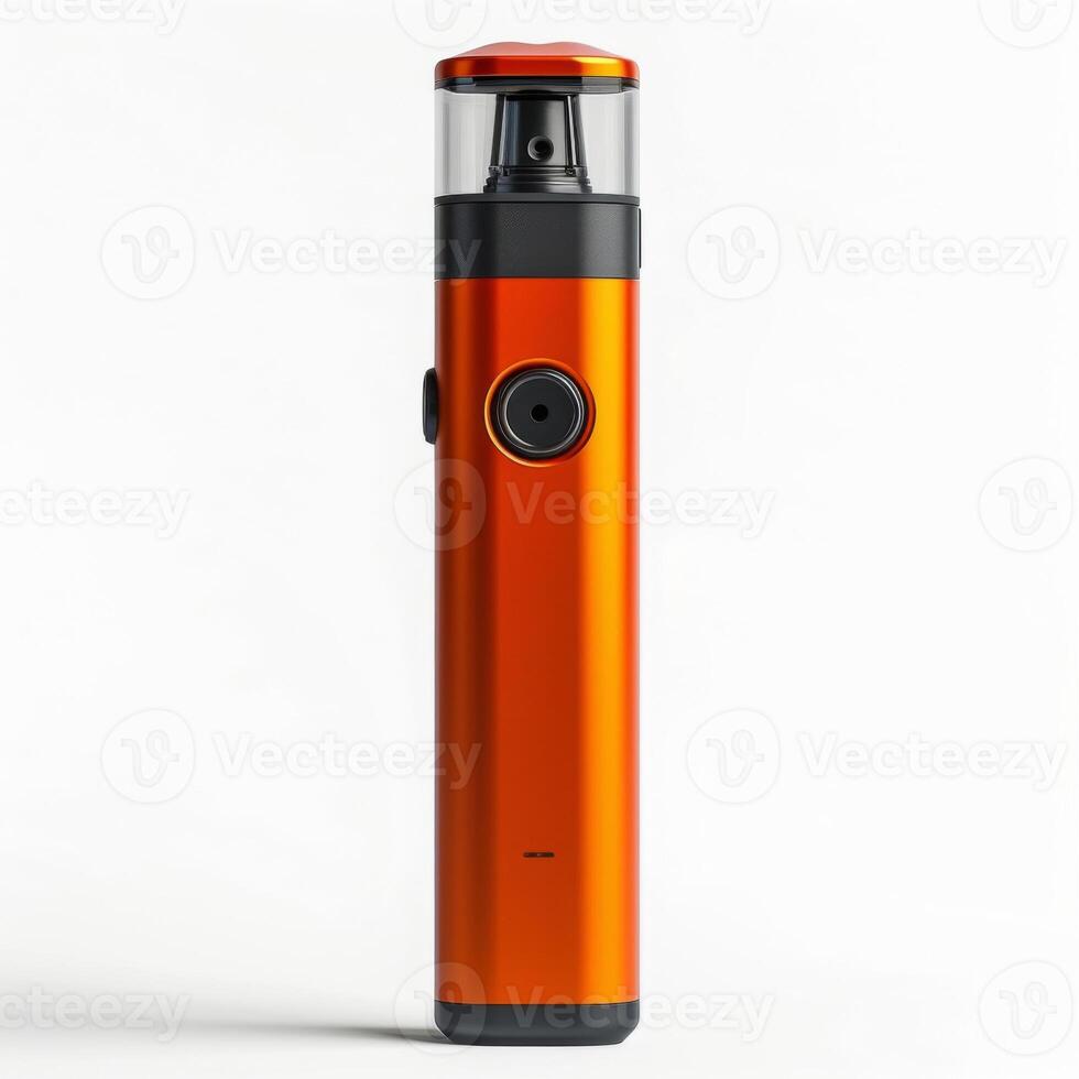 vape. modern disposable vape for smoking, square shape, stylish composition, bright, isolated on white. stands on the surface, orange photo