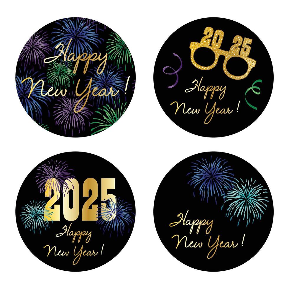 2025 black circle happy new year graphics with fireworks vector
