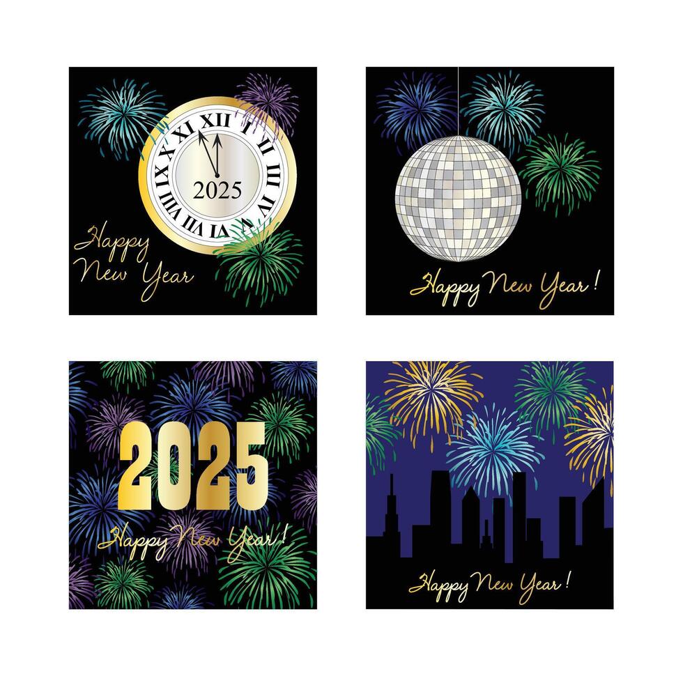 2025 black square happy new year graphics with fireworks, skyline, countdown clock and disco ball vector