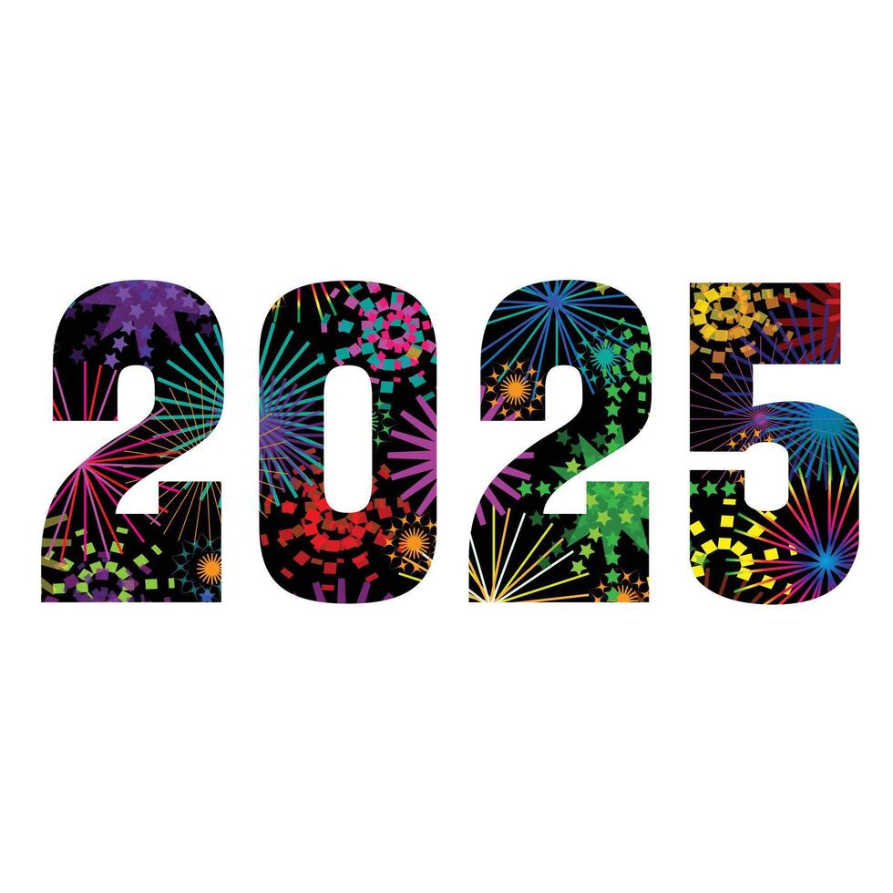 2025 numbers with bright fireworks background pattern on black vector