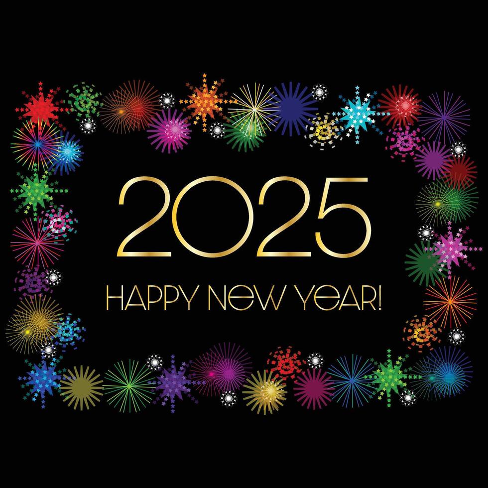 2025 gold happy new year typography graphic with mod fireworks frame on black background vector