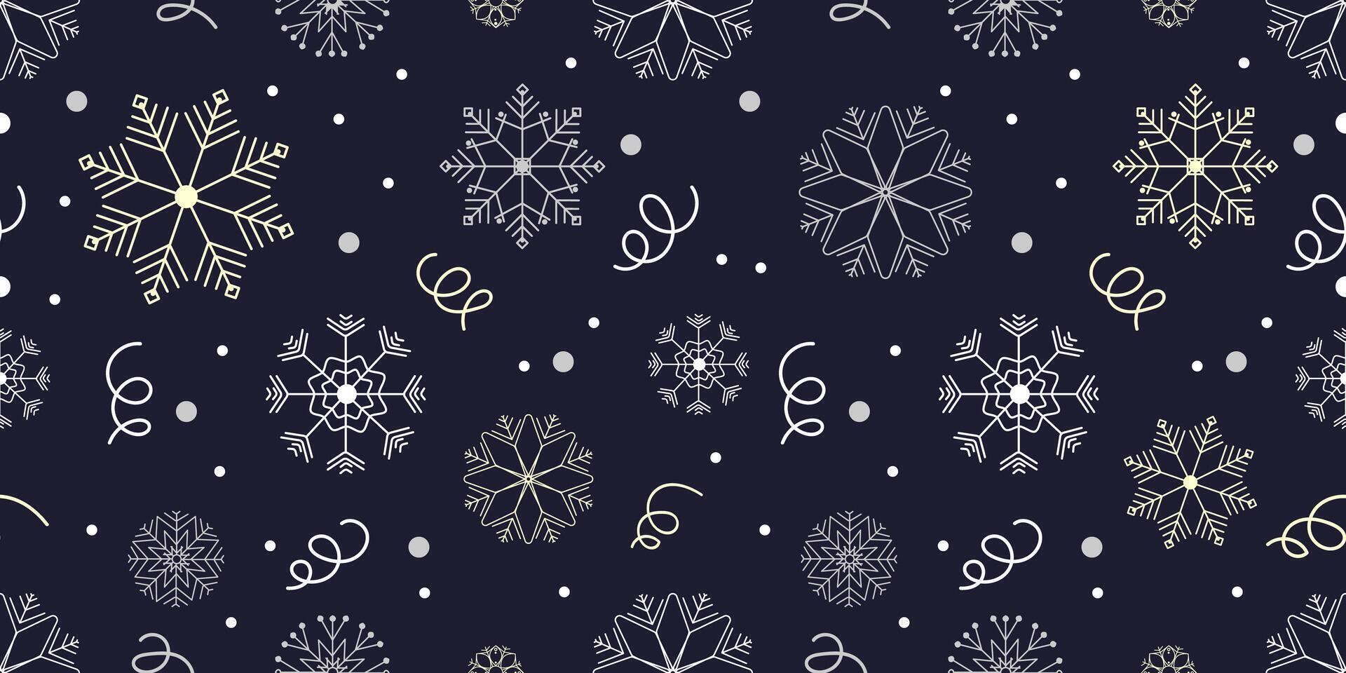 Winter Seamless pattern with snowflake,confetti on a dark blue background.Christmas new year design background for printing wrapping paper,textiles,wallpaper,web.Trendy modern Christmas pattern vector