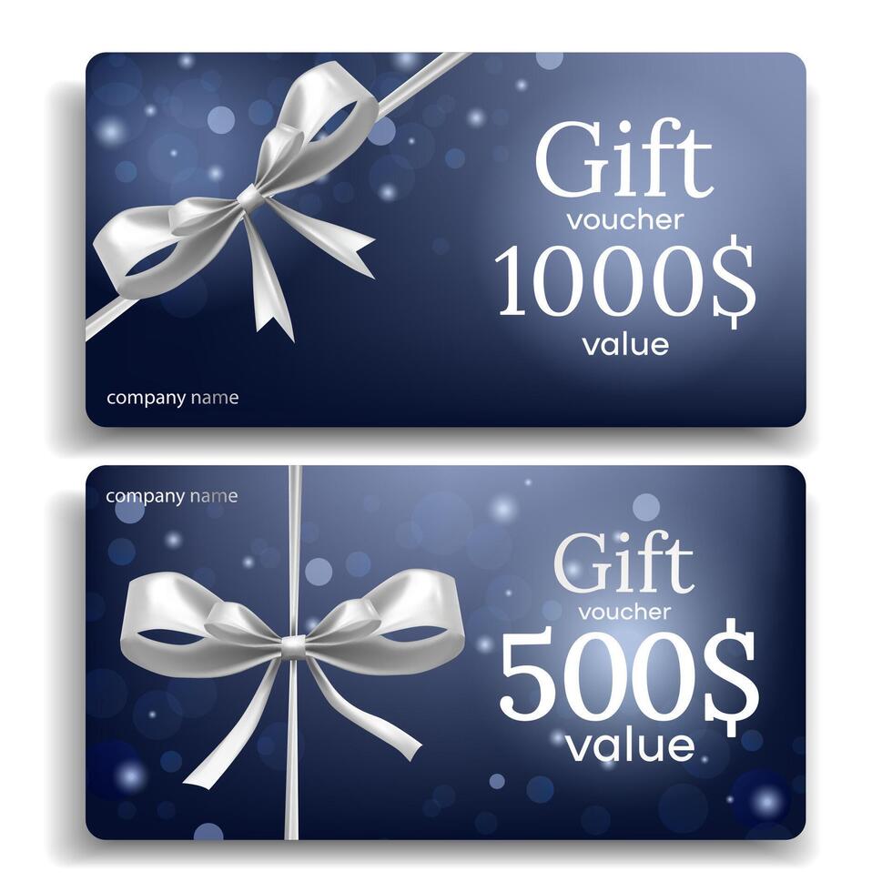 luxury gift vouchers with ribbons and silver realistic bows on a blue background set. Elegant template for a festive gift card,coupon certificate.Holiday Winter Discount Coupon template. vector