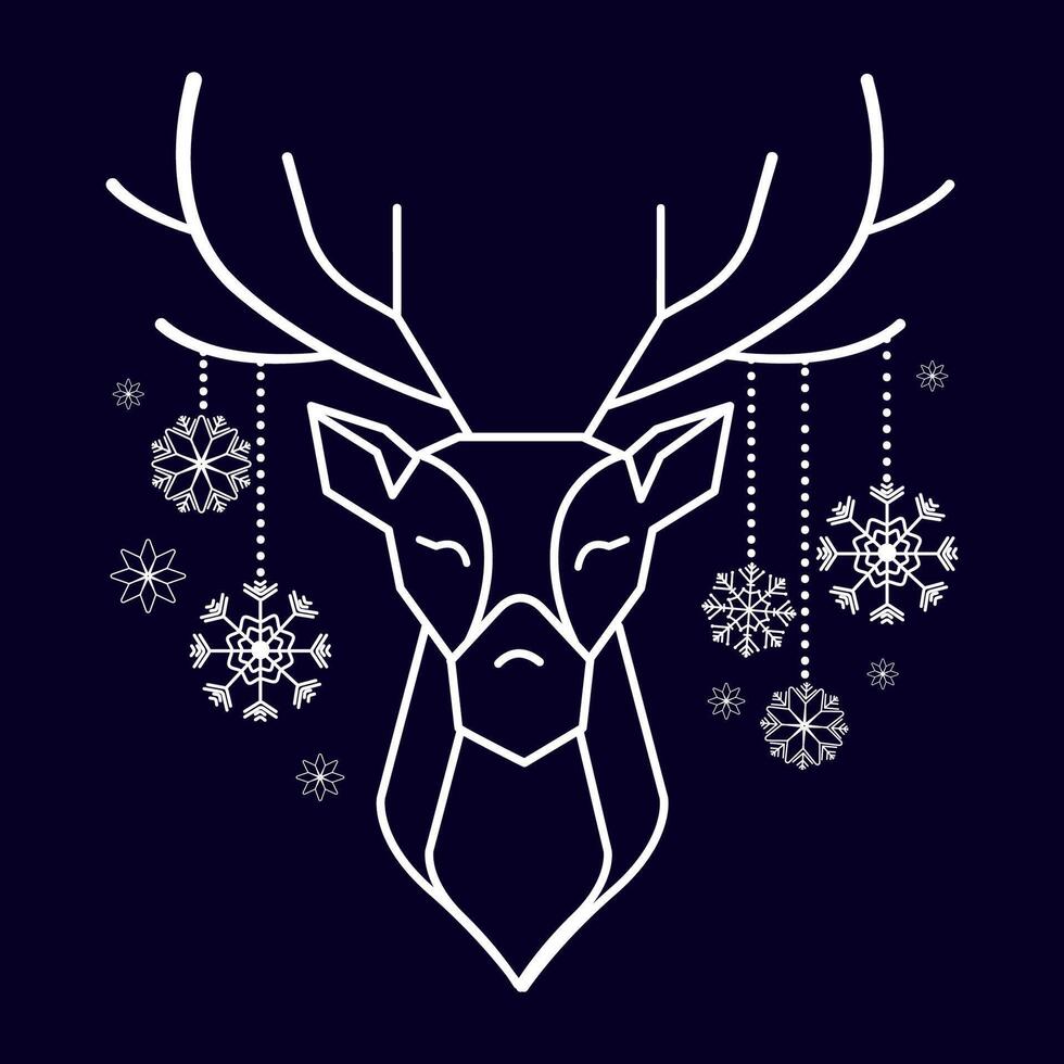 Christmas winter deer head with snowflakes on horns Abstract geometric line drawing. Winter deer with snowflakes. Decoration design element for holiday postcards, banners,print, logo, templates. vector