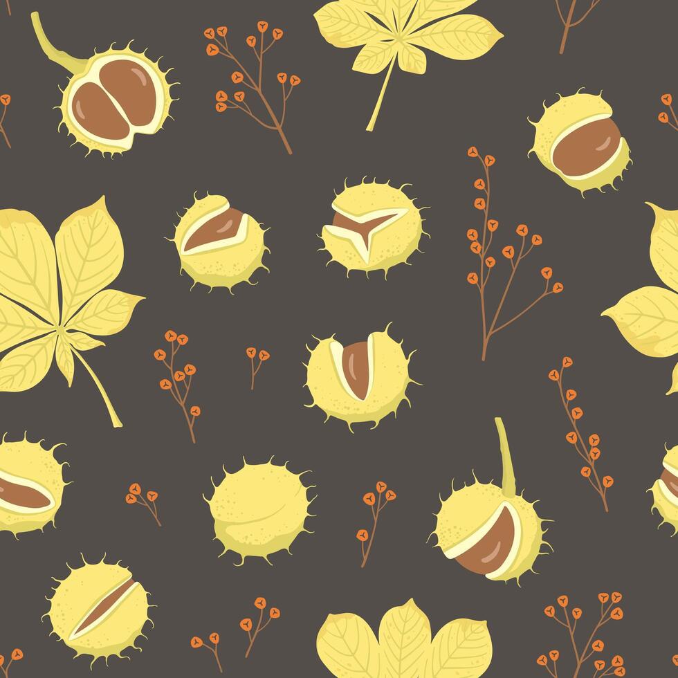 Hand drawn chestnuts, leaves and berries seamless pattern. Natural design for fabric, textile, wrapping paper, cover, wallpaper vector