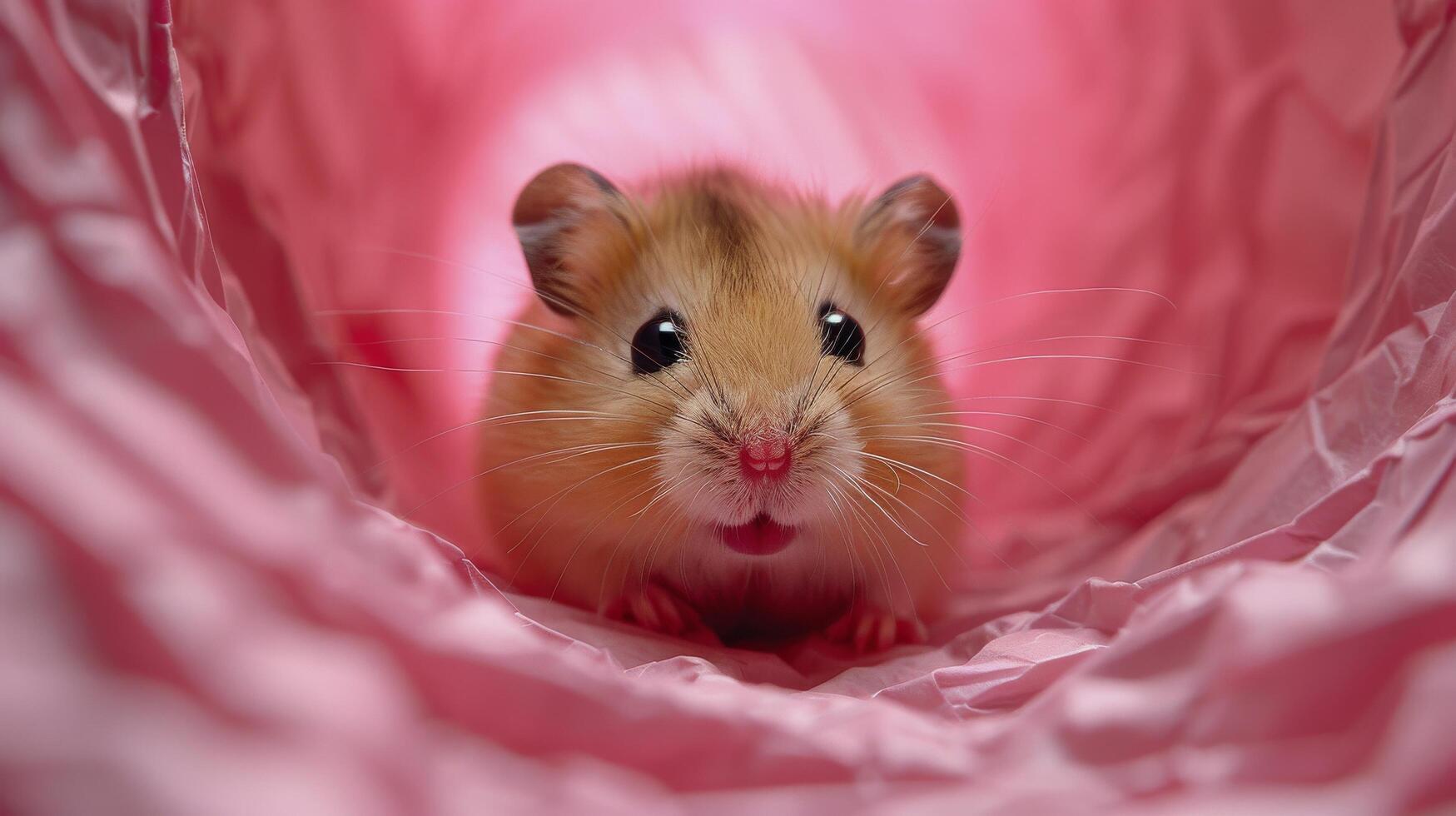 A curious little mouse exploring a vibrant pink tunnel during daylight hours photo