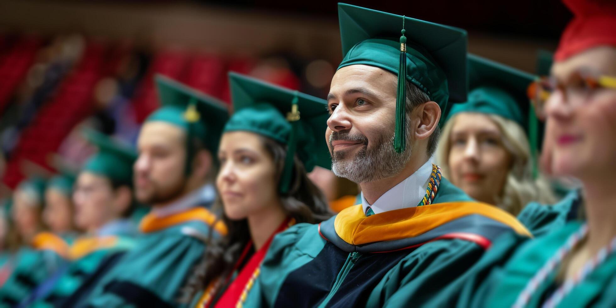 University graduation with graduates in green caps and gowns celebrating achievements photo