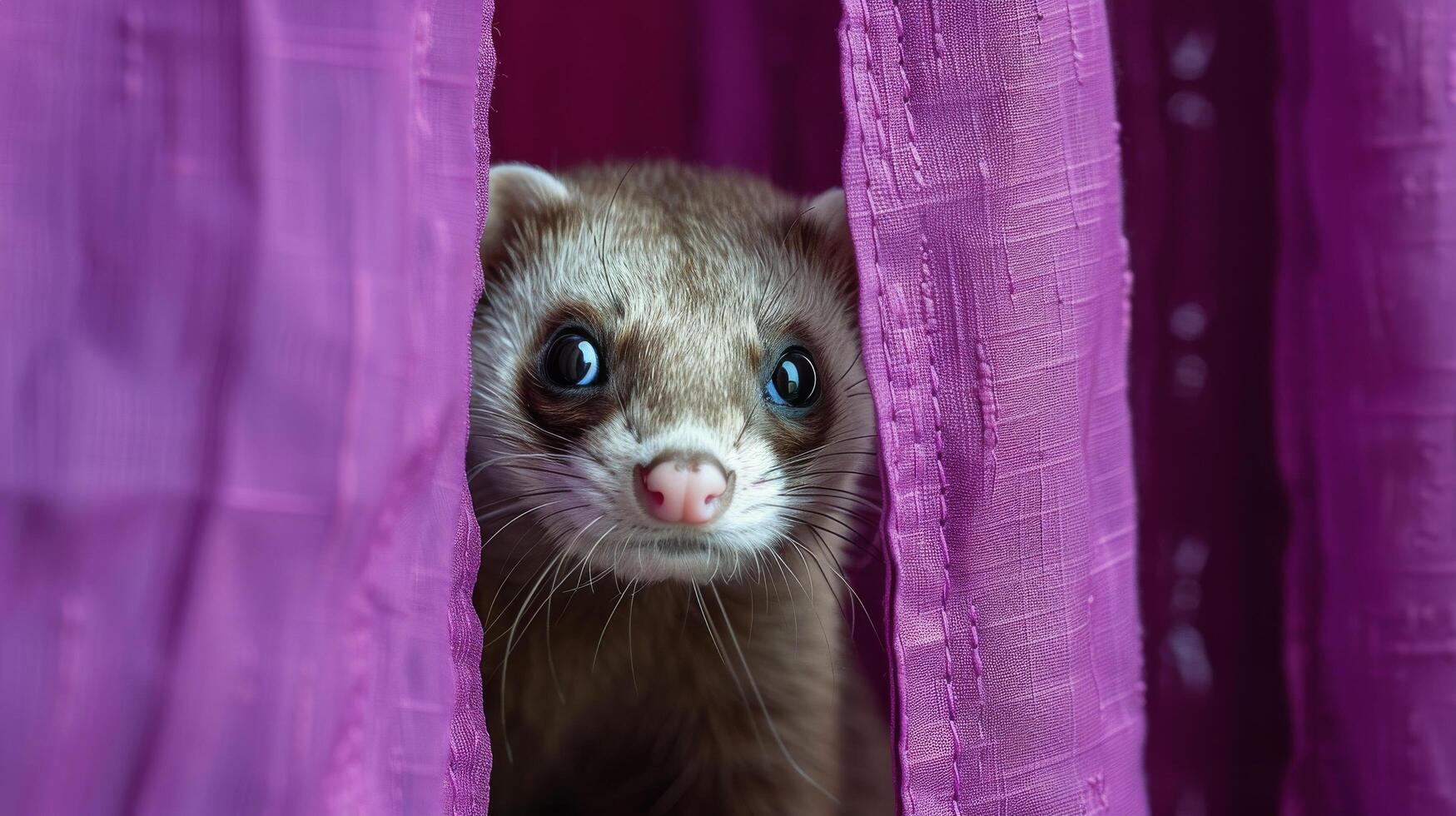 Curious ferret peering through pink curtains in a cozy indoor setting during daylight photo