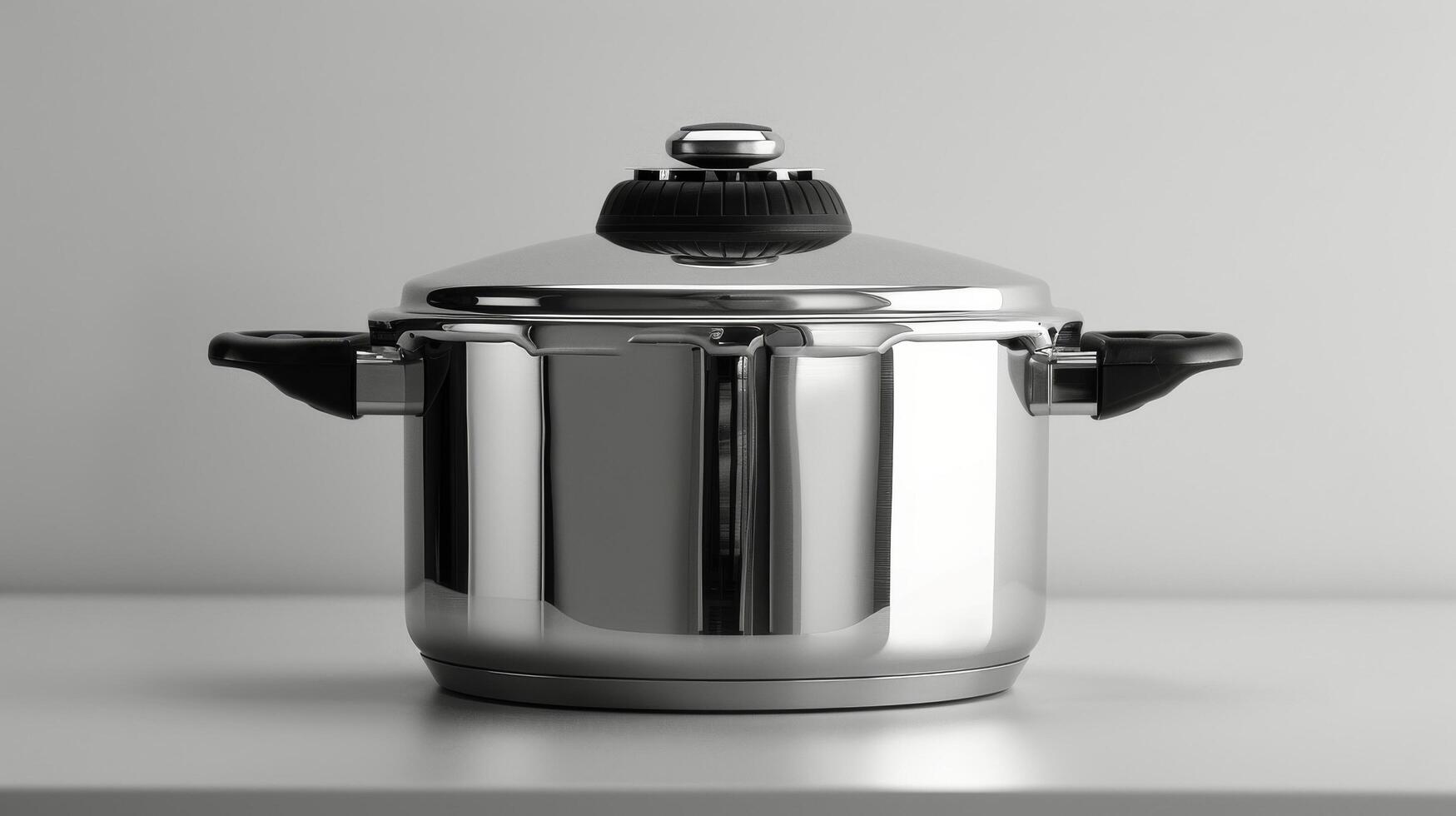 Stainless steel pot on a modern kitchen stove surrounded by fresh ingredients in the evening photo