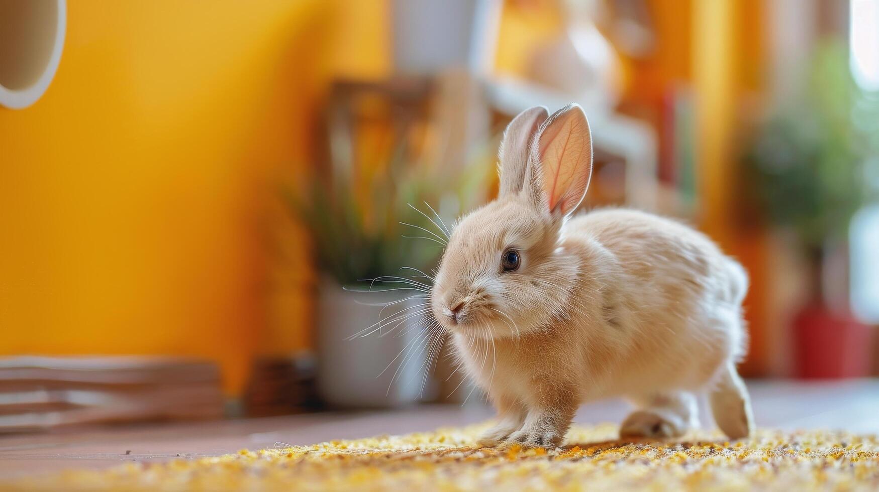 A playful rabbit exploring a vibrant room with yellow walls and scattered bedding photo