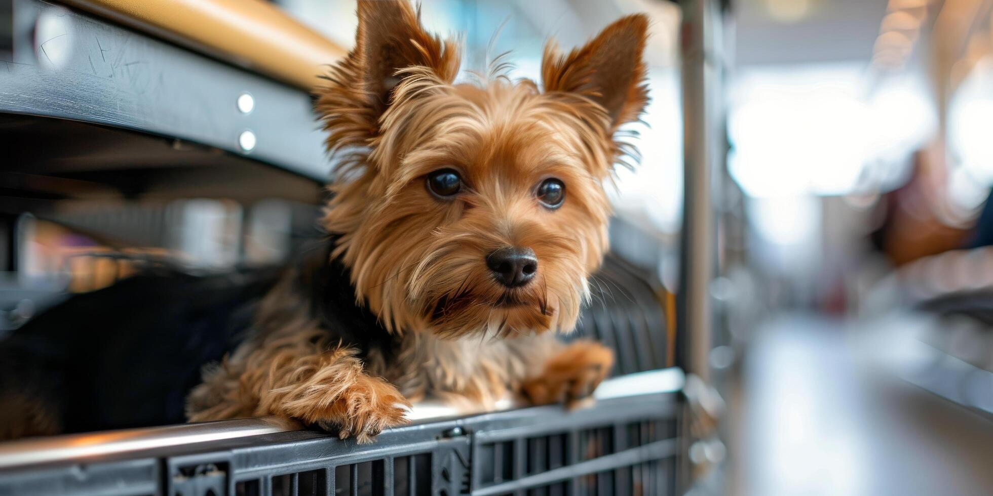 A small dog rests on a train seat during a quiet afternoon commute in the city photo