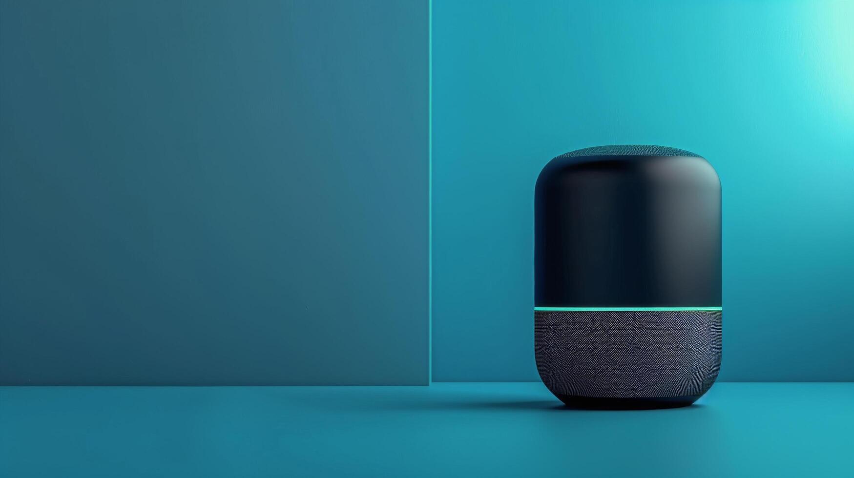 Modern speaker on a reflective surface illuminated by soft blue light in a minimalist setting photo