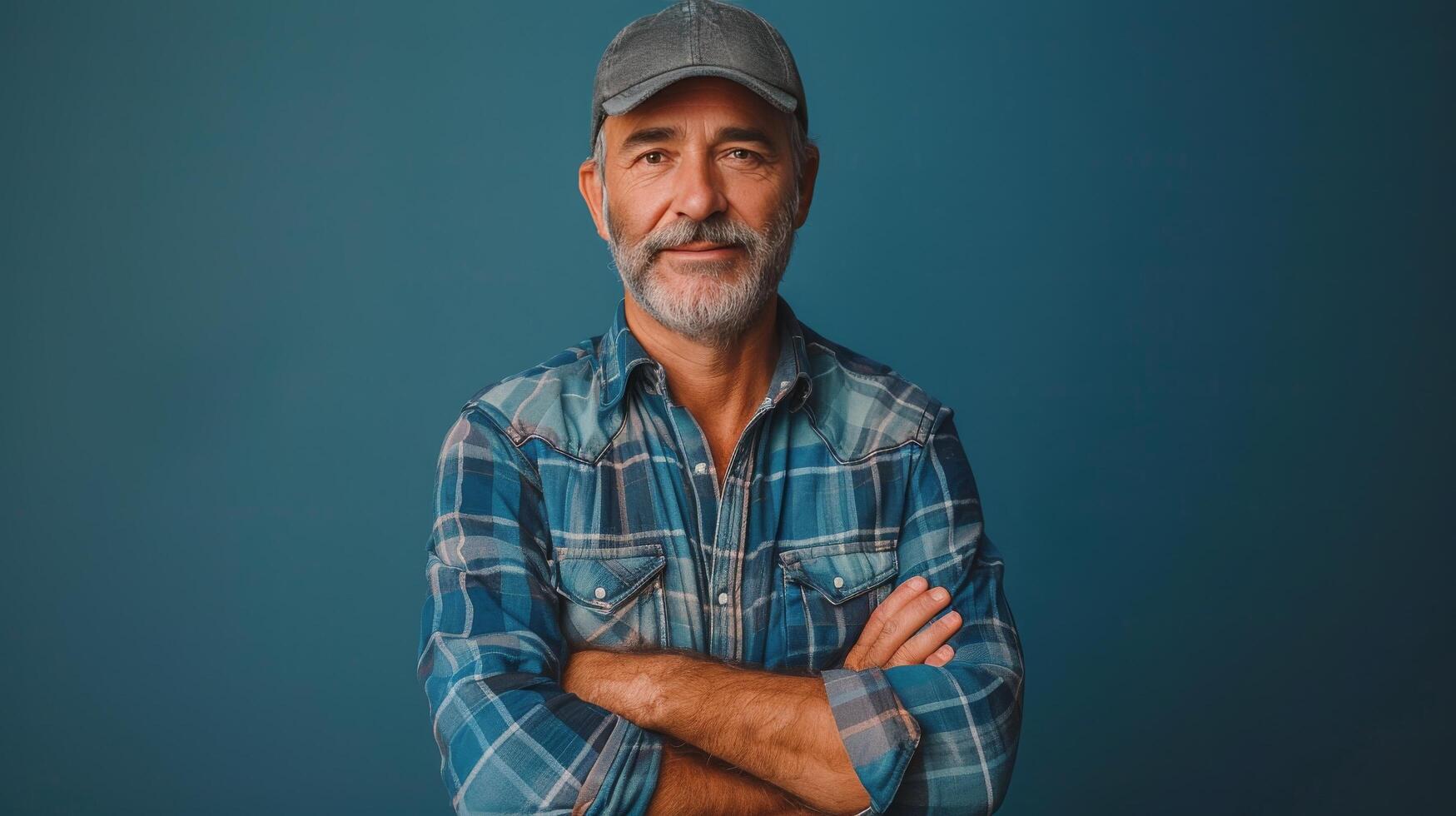 A smiling older man with a beard wears a flannel shirt and cap against a blue background photo