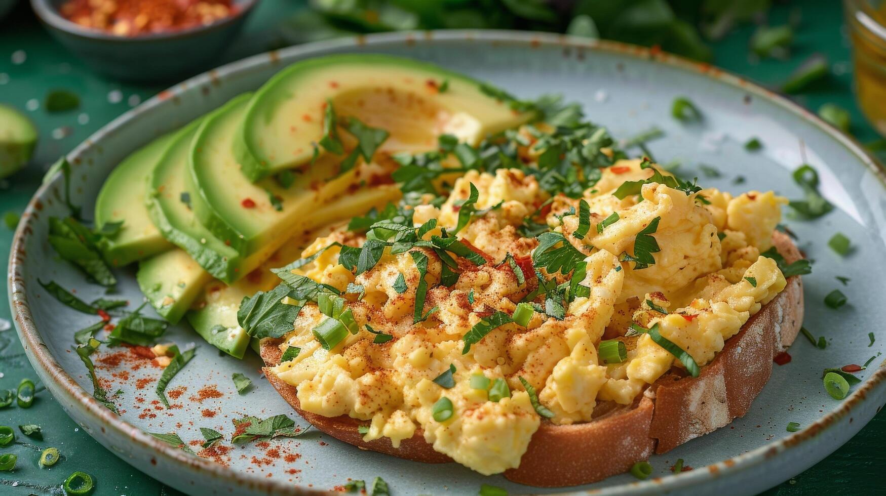 Delicious breakfast toast topped with avocado, scrambled eggs, and spinach on a green plate photo