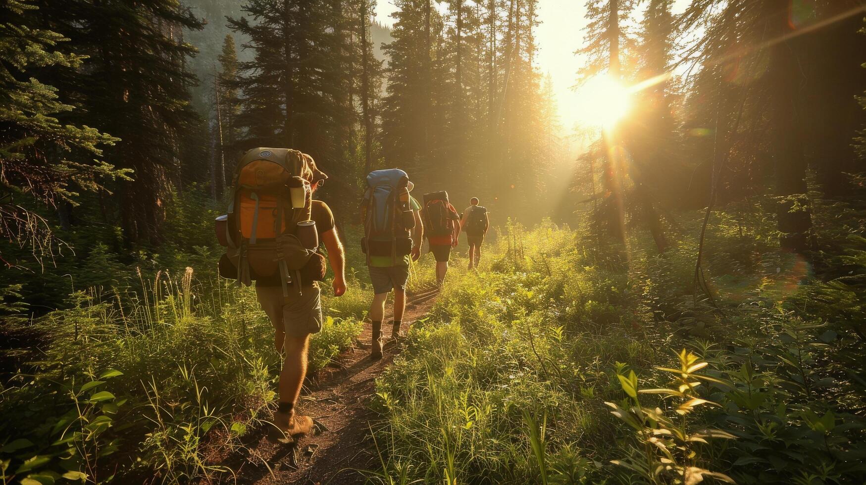 Hikers trekking through a sunlit mountain trail at dawn surrounded by tall trees and dust photo