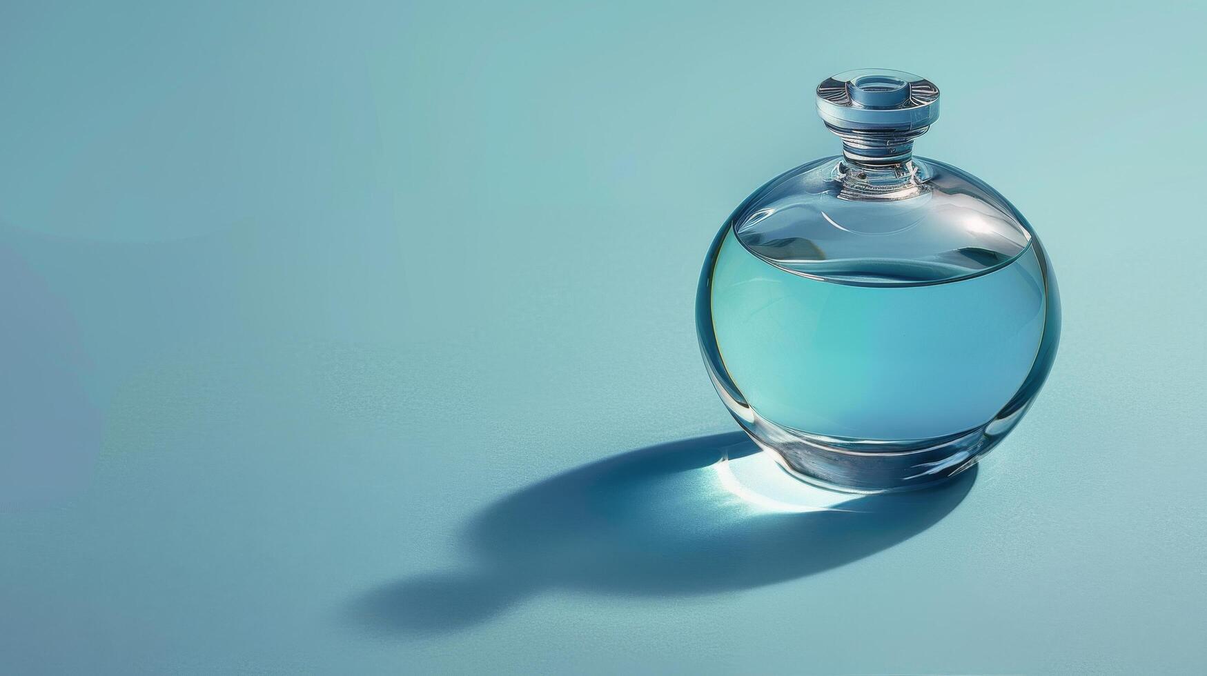 Elegant blue glass perfume bottle casting a shadow on a reflective surface in soft light photo