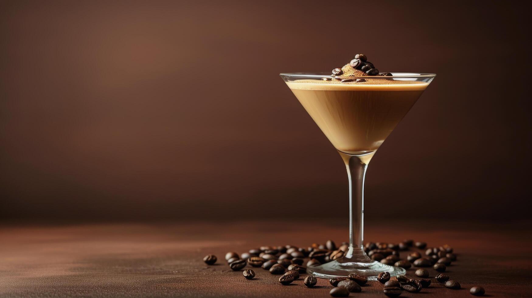 Elegant espresso martini served on a wooden table with coffee beans and bokeh background photo