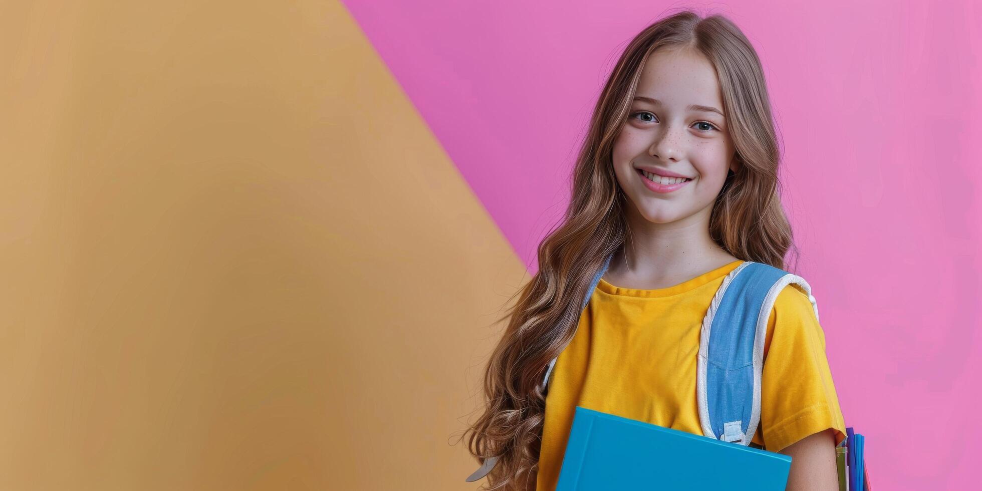 Happy student with a backpack holding books in front of a colorful background photo
