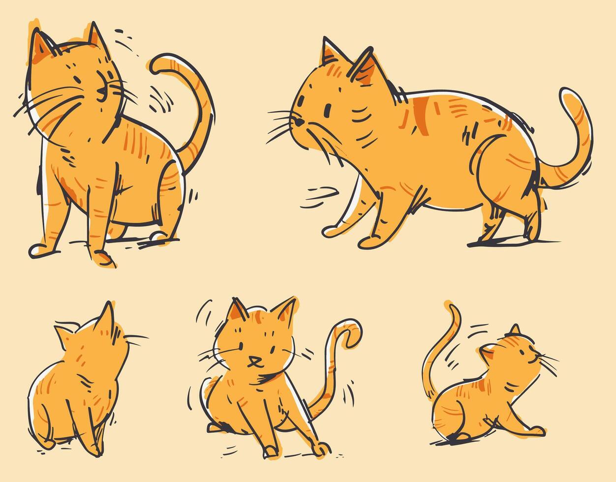Cute ginger cat in 5 different poses. Illustrated kittens. Cute ginger cat in 5 different poses and angles. Playful kittens character sheet. vector