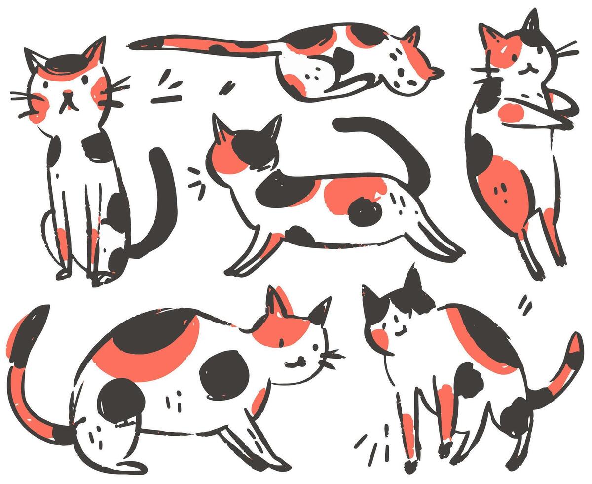 A Calico Cat scatch with different poses. A cute and simple Calico cat illustration with different poses. Kids storybook. Nursery animal. vector