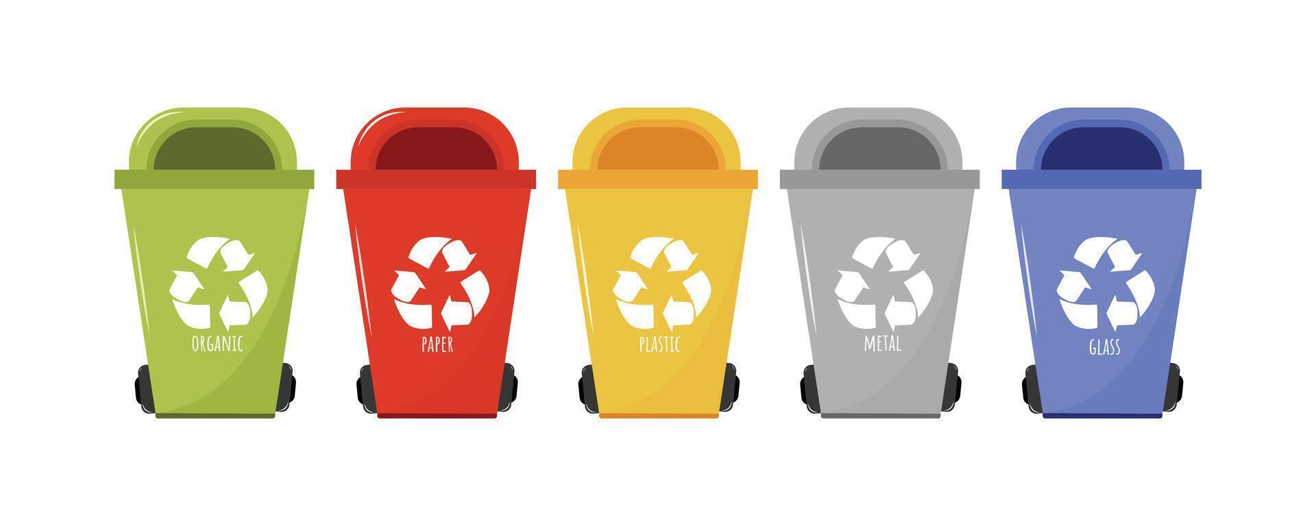 Set of containers with sorted garbage. Separating and recycling garbage infographic. Isolated illustration EPS 10 vector