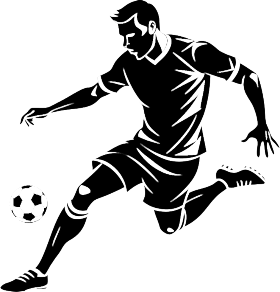 Stylized black silhouette soccer player art design. . png